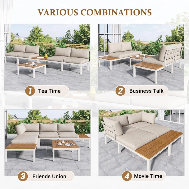 Elegant Outdoor Garden Lounge Set with Wooden Table, Thick Cushions, L-Shaped Corner Sofa for 4 People, 145L x 60W x 80H cm, Beige