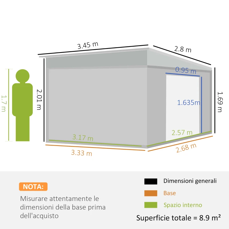 Outsunny Casetta da Giardino con Porta Scorrevole, in Acciaio, 345x280.5x169-201cm, Grigio