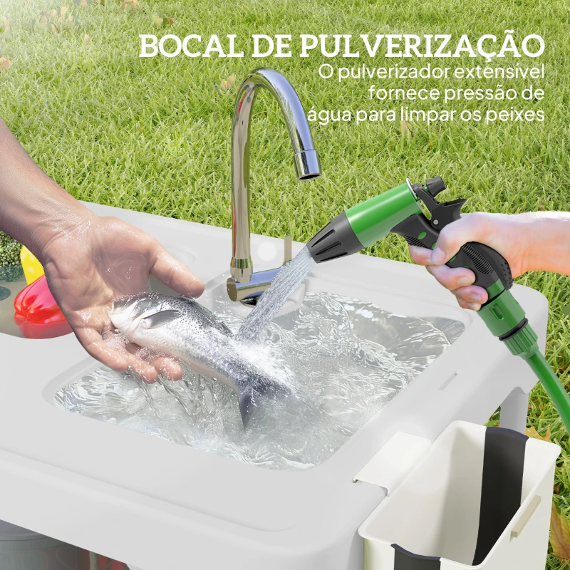 Outsunny Mesa para Campismo Dobrável Mesa com 2 Lavatórios Mangueira de Drenagem Estação de Limpeza 108x58x92 cm Branco