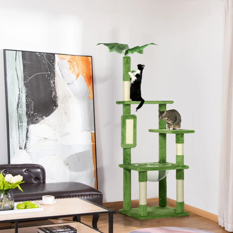 PawHut Albero per Gatti Multilivello con Amaca, Tiragraffi, Pallina e Foglie Decorative, 49x49x142 cm, Verde