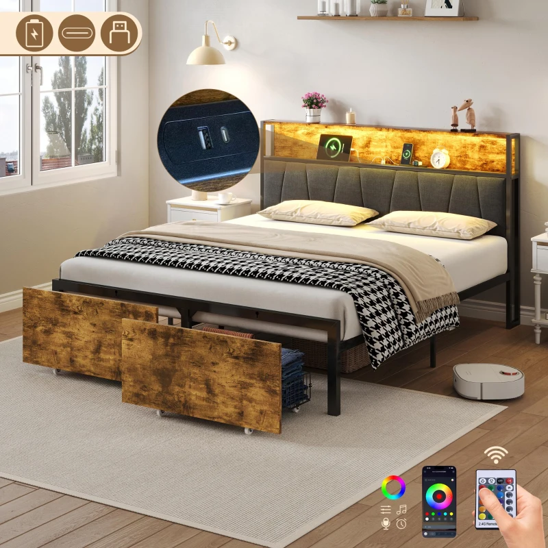 Double Bed Frame with Storage Drawers, RGB LED Headboard and Charging Station, 205L x 136W x 116H cm, Black + Dark Walnut