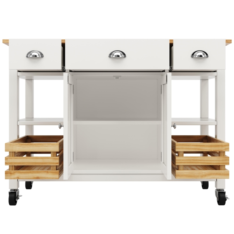 Rolling Kitchen Island Trolley with Adjustable Shelf, 3 Drawers, Spice Rack, and Folding Side Board, 120L x 45W x 90H cm, White