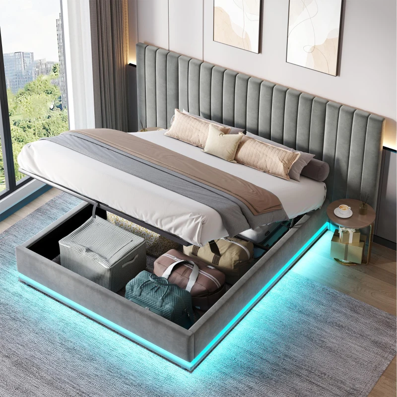 King Ottoman Bed with LED Lighting, Velvet Upholstered Bed with Hydraulic Storage and Channel Tufted Headboard, 238L x 214W x 114H cm, Grey