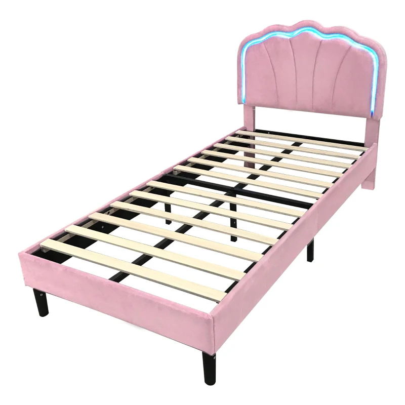 Single Upholstered Bed with LED Adjustable Shell Headboard, Charging Station, Perfect for Sophisticated and Modern Bedroom, 194L x 94W x 111H cm, Pink