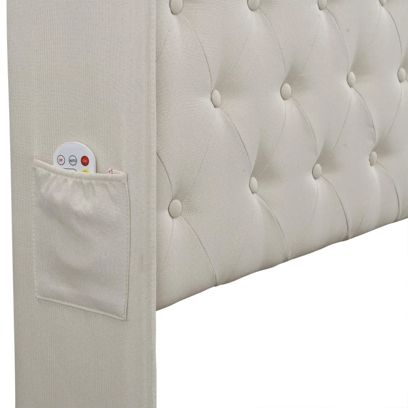 King Upholstered Bed Frame with Hydraulic Storage, LED Lighting and Charging Station, Linen Ottoman Bed with USB and Type-C Ports, 212L x 156W x 113H cm, Beige