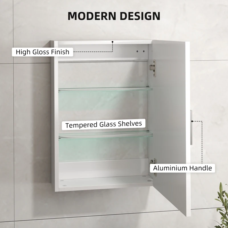 HOMCOM Dulap de Perete pentru Baie cu Rafturi Reglabile din Sticlă Securizată, 40x15x55 cm, Alb lucios