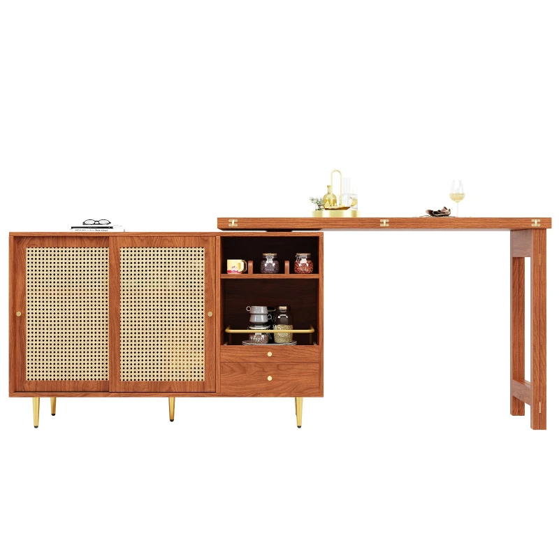 360° Rotating Bar Table with Expandable Design, Open Shelf, Rattan Door, Storage Cabinet for Kitchen, Living Room, 187L x 80W x 76H cm, Brown