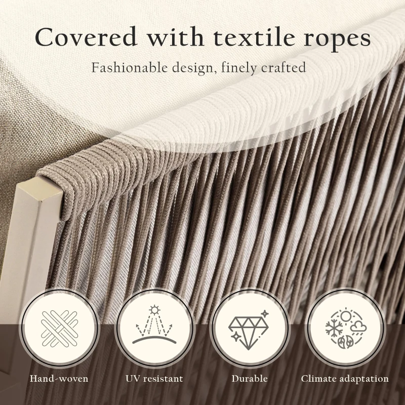 Modern Hand-Woven Sofa Set with Glass Coffee Table, Thick Cushions, Outdoor Garden Lounge Set for 4 People, 126L x 65W x 72H cm, Khaki