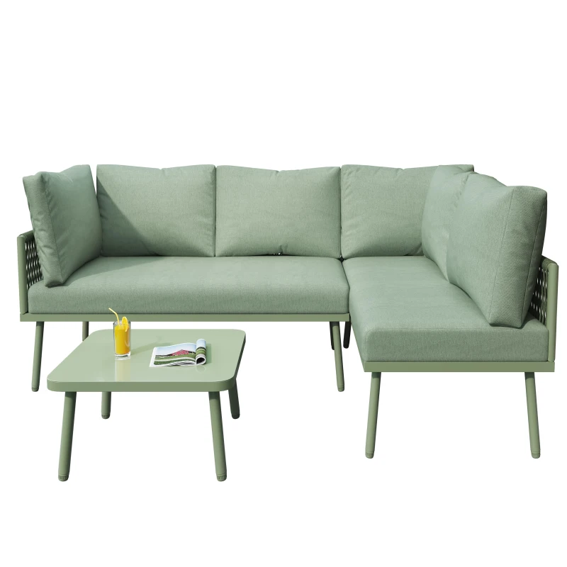 UV-Resistant Garden Lounge Set with Glass Coffee Table, Thick Cushions, L-Shaped Corner Sofa for 4-5 People, 120L x 60W x 86H cm, Green