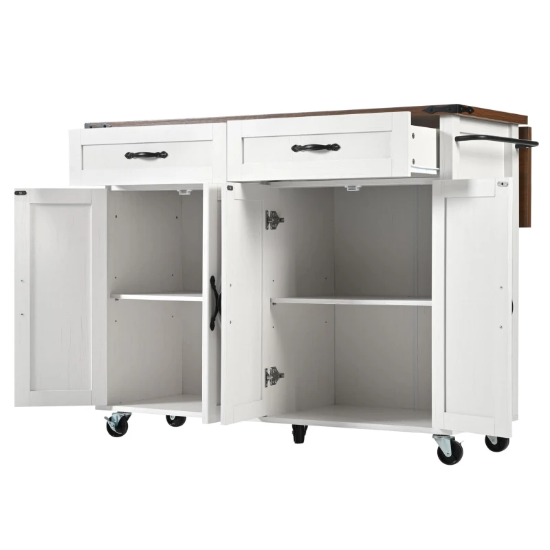 Farmhouse Style Kitchen Island Trolley with Adjustable Shelf, Cabinets and Drawers, Modern Rolling Storage Cabinet, 140L x 73W x 90.5H cm, White