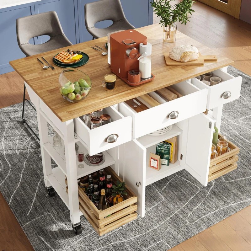 Rolling Kitchen Island Trolley with Adjustable Shelf, 3 Drawers, Spice Rack, and Folding Side Board, 120L x 45W x 90H cm, White