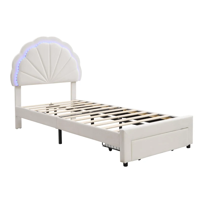 Upholstered Single Bed with Shell Backrest, LED Light Strips, Storage Drawer, Perfect for Sophisticated and Modern Bedroom, 200L x 91W x 114.5H cm, Beige