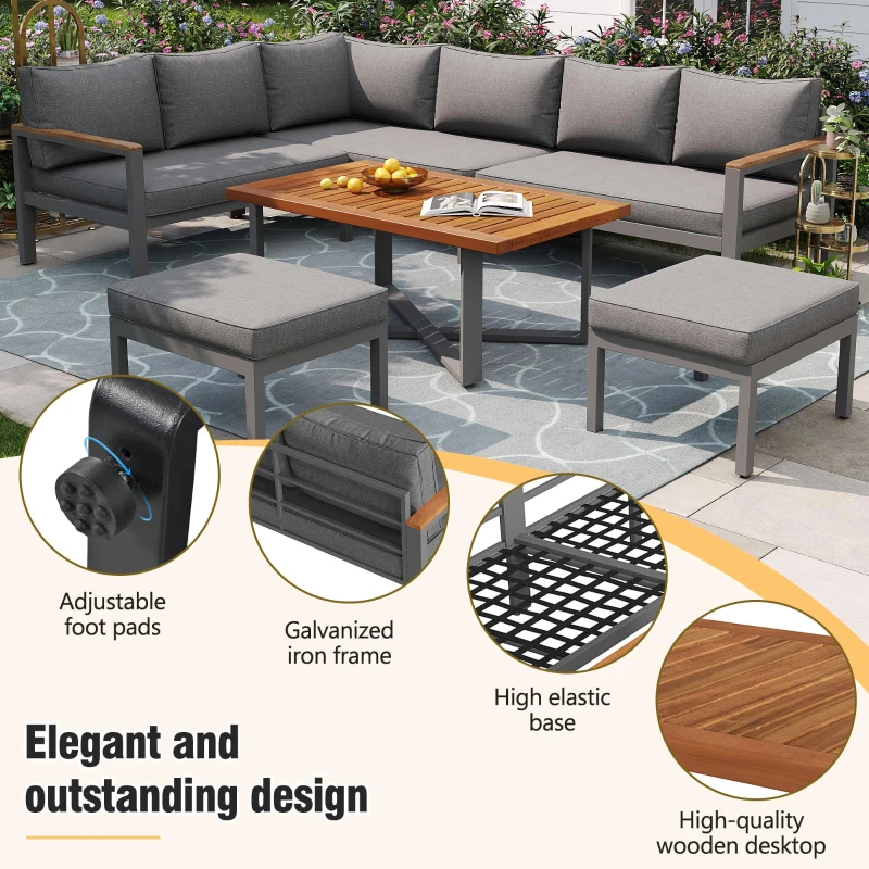 Space-Saving L-Shaped Sofa with Wooden Coffee Table, Stool Table Boxes, Outdoor Garden Lounge Set for 7-8 People, 115L x 60W x 78.5H cm, Grey