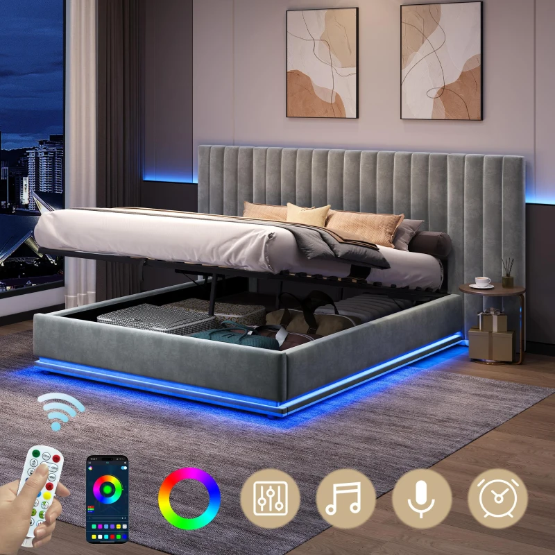 King Ottoman Bed with LED Lighting, Velvet Upholstered Bed with Hydraulic Storage and Channel Tufted Headboard, 238L x 214W x 114H cm, Grey