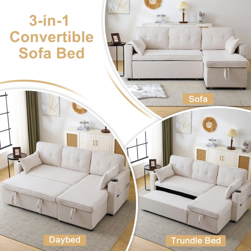 3-in-1 Convertible Sofa Bed with Reversible Chaise, Internal Storage and Cup Holders, L-Shaped Sleeper Sofa with Pillows, 211L x 130W x 86H cm, Beige