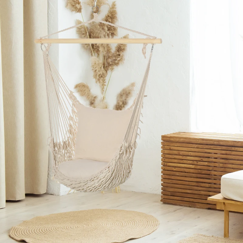 Outsunny Cadeira Suspensa Cadeira Rede Suspensa com 2 Almofadas de Algodão Barra de Madeira para Interior e Exterior 120x90 cm Creme