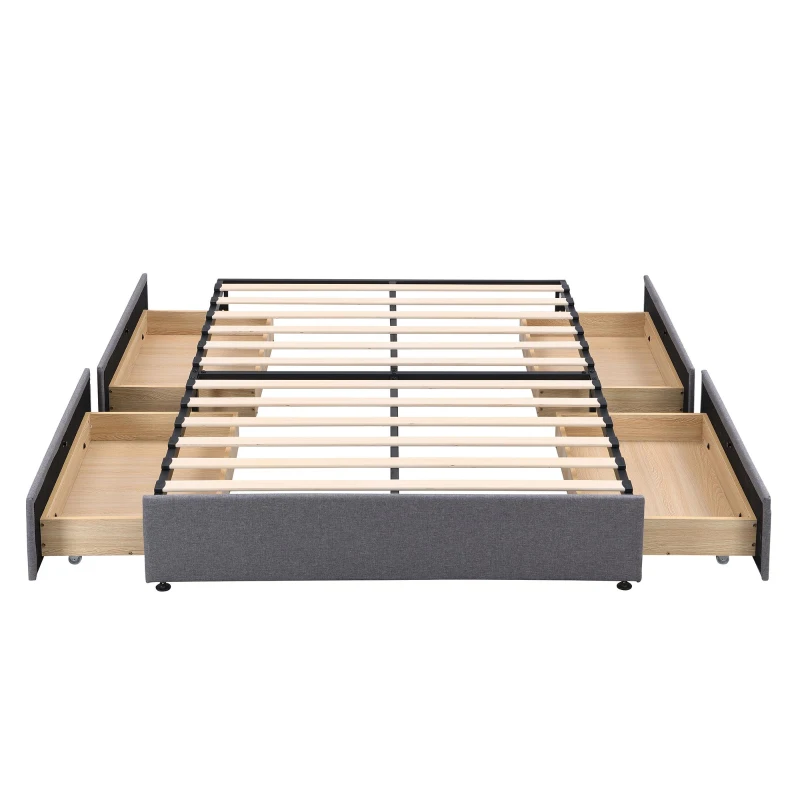 Storage Bed with 4 Drawers, Upholstered Double Bed with Iron Frame and Wooden Slats, 193.5 x 141W x 30H cm, Grey