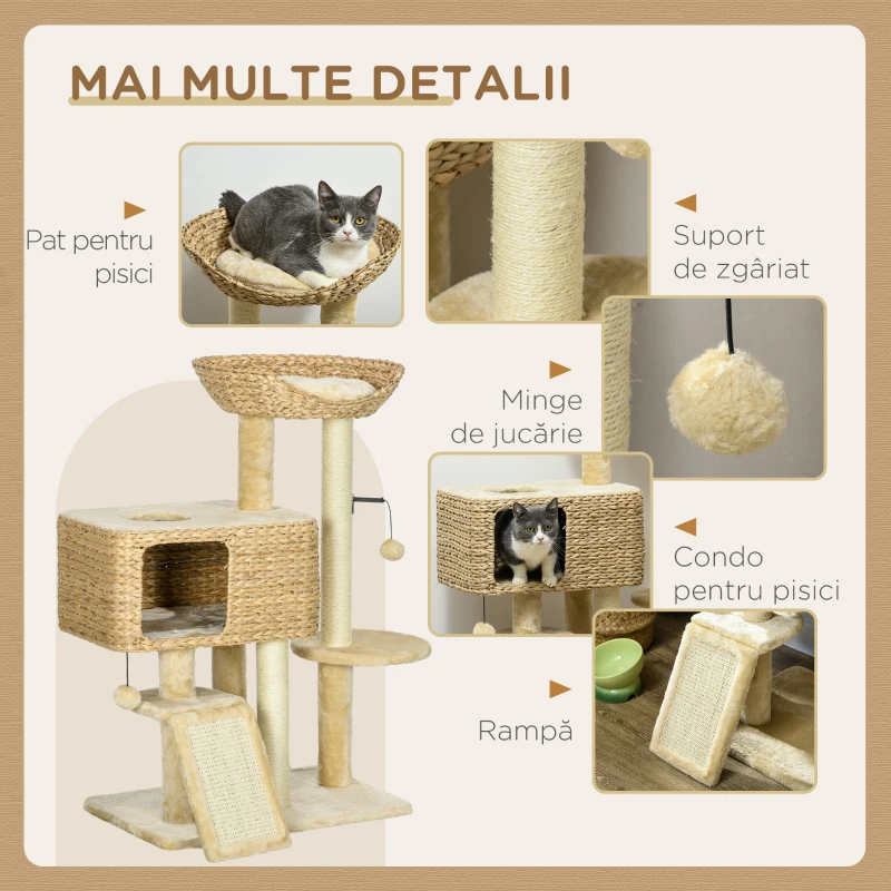 PawHut Arbore de Zgâriat pentru Pisici cu Căsuță, Stâlp și Bilă de Joc, 60x40x95 cm, Bej