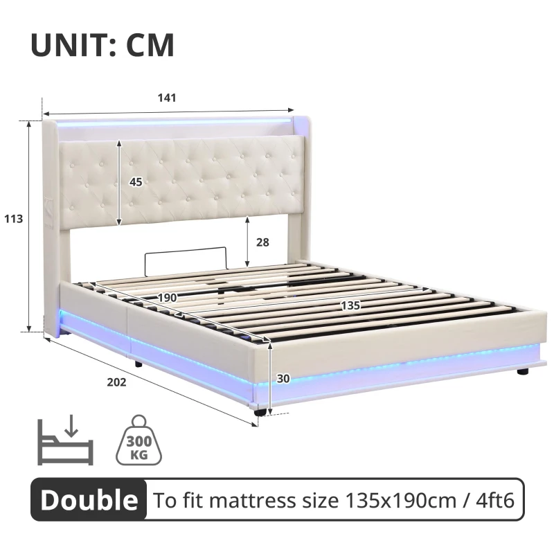 Double Upholstered Bed Frame with Hydraulic Storage, LED Lighting and Charging Station, Linen Ottoman Bed with USB and Type-C Ports, 202L x 141W x 113H cm, Beige