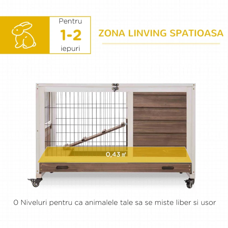PawHut Cușcă pentru Iepuri și Porcușori de Guineea cu 4 Roți, Rampă și Tavă Detașabilă, 90x53x59 cm, Maro