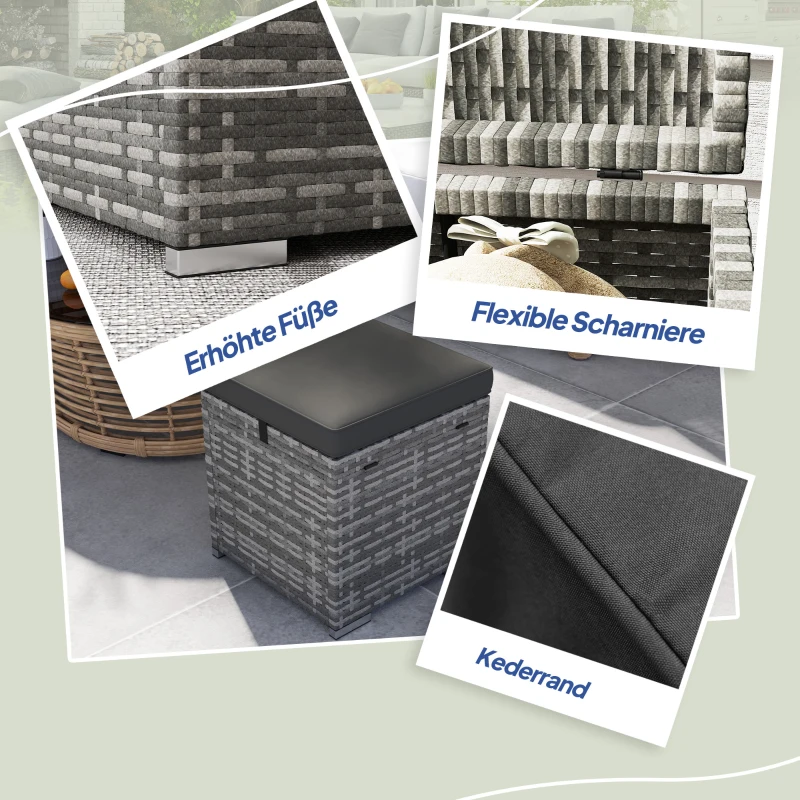 Outsunny Set di 2 Sgabelli in Rattan con Spazio di Archiviazione, Cuscini, Pouf con Coperchio, Capacità di Carico 120 kg, 40x40x41 cm, Grigio Scuro