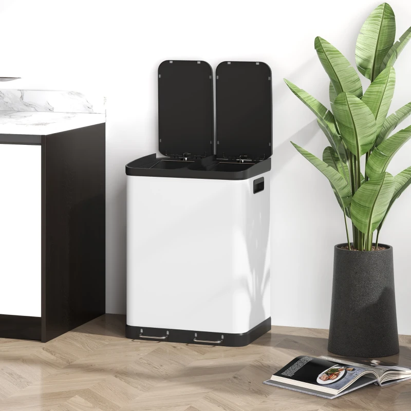 HOMCOM Cubo de Basura de Cocina 2x30L con Pedal de Acero Inoxidable 2 Compartimentos Tapa de Cierre Suave 60L Blanco