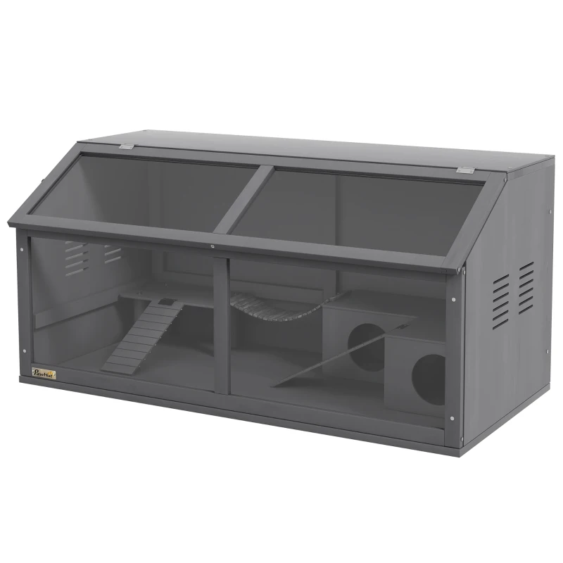 PawHut Gabbia per Piccoli Animali, per Roditori, in Legno di Pino, 100 cm x 52 cm x 50 cm, Grigio