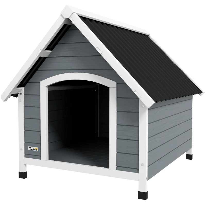 PawHut Casa para Perros Medianos Grandes 84x99x87 cm con Techo Ondulado Base Elevada y Suelo Desmontable Gris