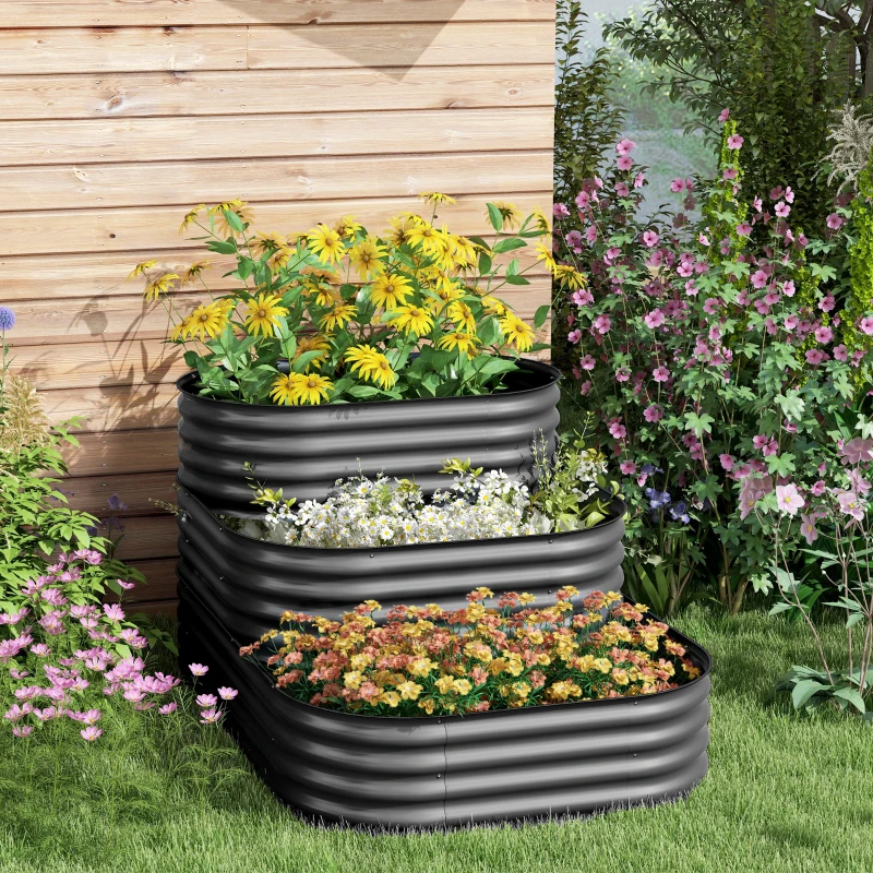 Outsunny Cama de jardín elevada con fondo abierto y 3 niveles para hierbas, verduras, frutas y flores 158x109x82 cm Gris