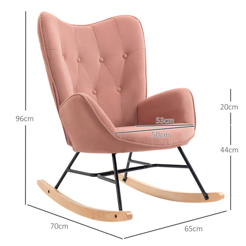 HOMCOM Sillón Mecedora con Acolchado Patines de Madera Aspecto de Terciopelo hasta 150 kg Rosa