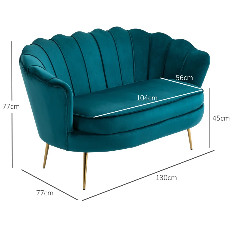 HOMCOM 2-Sitzer-Sofa, Couch, Polstersofa, Samtoptik, Doppelsofa, bis 150 kg belastbar, 130 x 77 x 77 cm, Dunkelgrün(m-3)