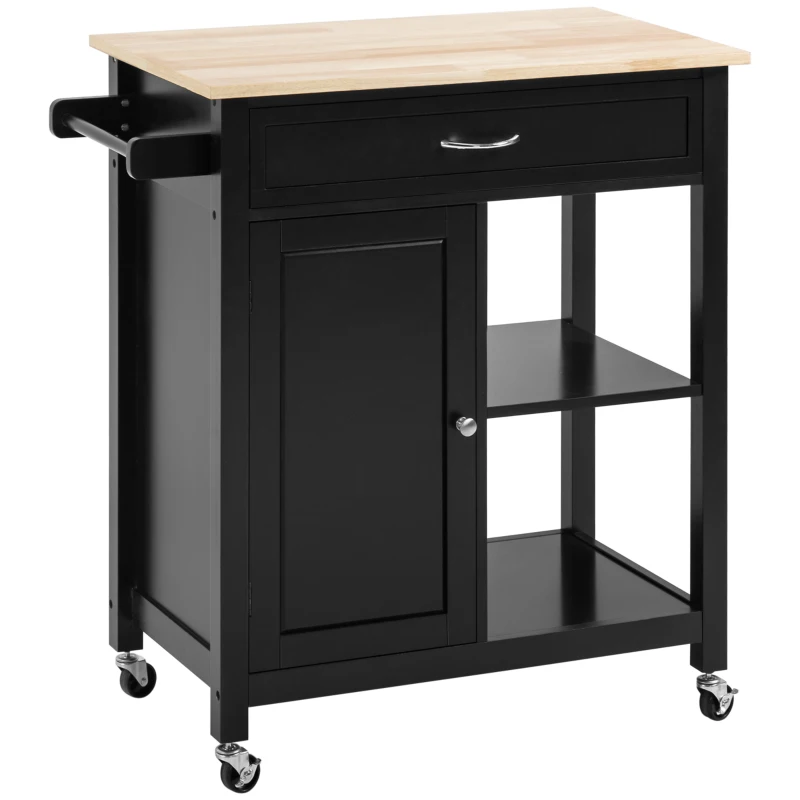 HOMCOM Chariot de Cuisine en Bois avec Tiroir, Armoire et Roues, 83x45x88cm, Noir