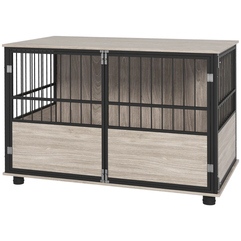 PawHut Gabbia per Cane Interna, Tavolino, 100 x 60 x 68 cm, Nido, 3 Porte Bloccabili, Legno Nero