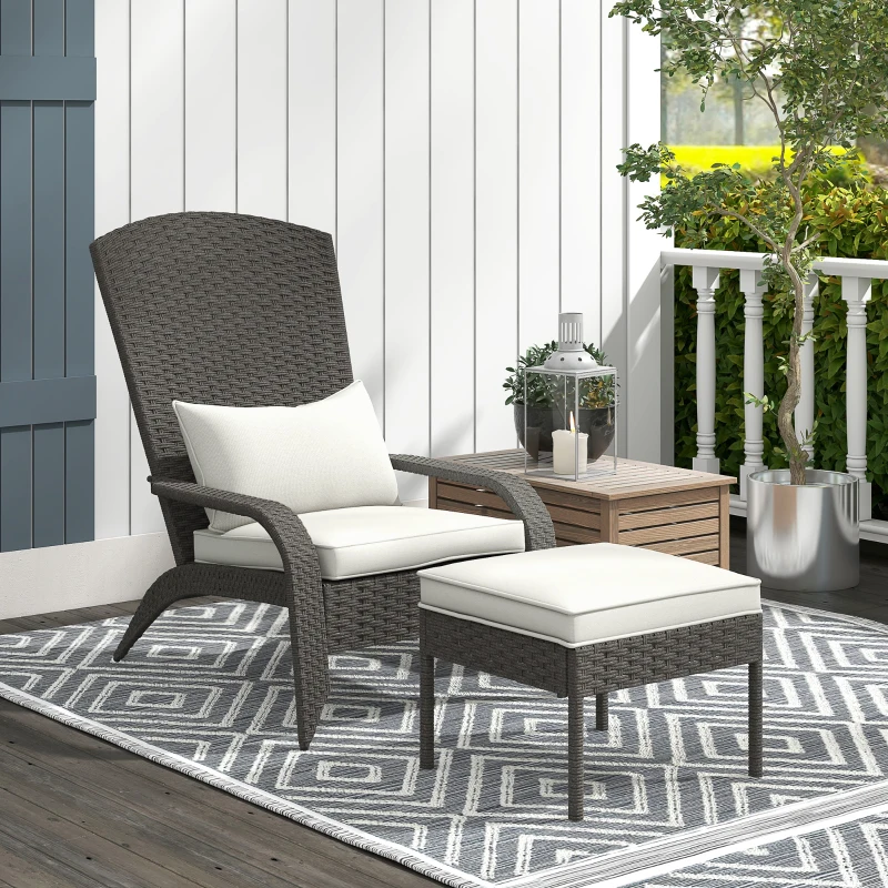 Outsunny Gartenstuhl mit Fußhocker und gepolsterten Kissen, aus Rattan und Stahl, 64x82x89 cm, Grau und Creme