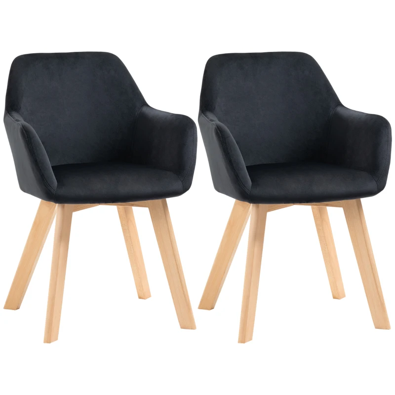 HOMCOM Chaises de salle à manger, ensemble de 2, design moderne, aspect velours, bois caoutchouc, 54x57x80 cm, noir