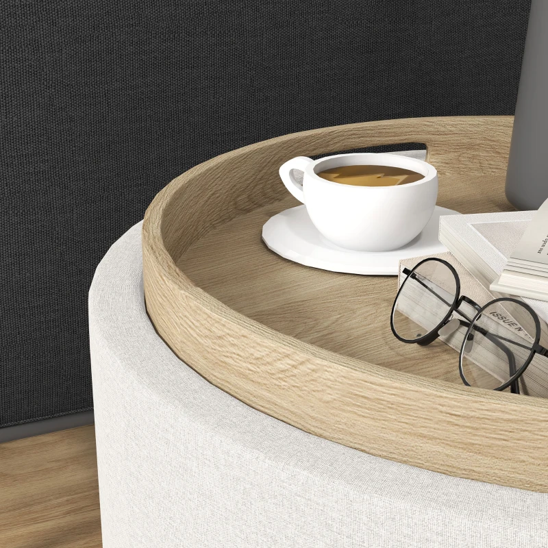 HOMCOM Puffs Taburete Acolchado de Lino con Almacenamiento Oculto y Tapa Reversible 56x56x42 cm Crema + Natural