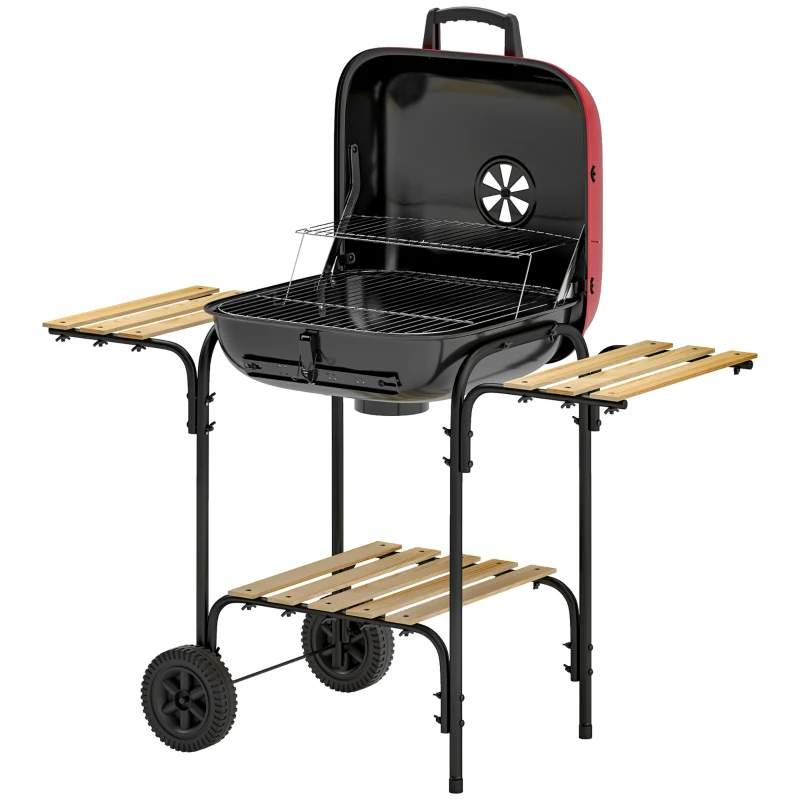 Outsunny Barbecue a Carbone con 3 Ripiani e Ruote, Coperchio con Presa d'Aria Regolabile, Rosso