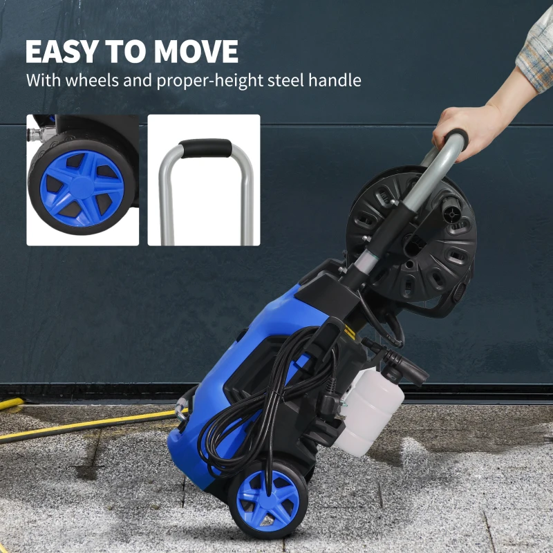 Outsunny 1800W High Pressure Washer, 150 Bar Pressure, 420 L/h Flow, Portable Power Washer Jet Wash Cleaner with Adjustable Nozzle, 6M Hose, Hose Reel, Steel Handle for Home Patio Car Driveway, Blue