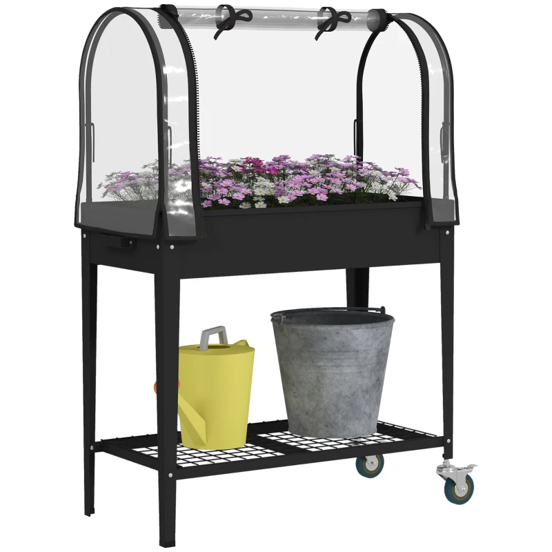 Outsunny Fioriera rialzata con copertura trasparente, 2 ruote e 1 ripiano inferiore, dim. 80L x 40l x 120H cm