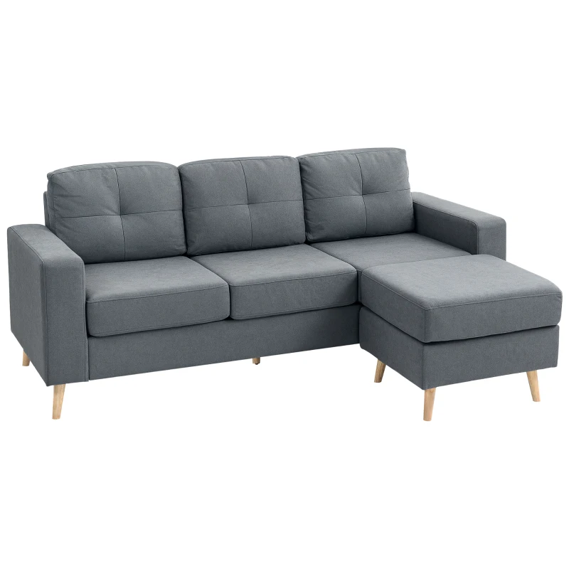 HOMCOM Divano Dritto 3 Posti e Pouf Trasformabile con Braccioli Design Scandinavo, 193 x 136 x 85 cm, Grigio Antracite