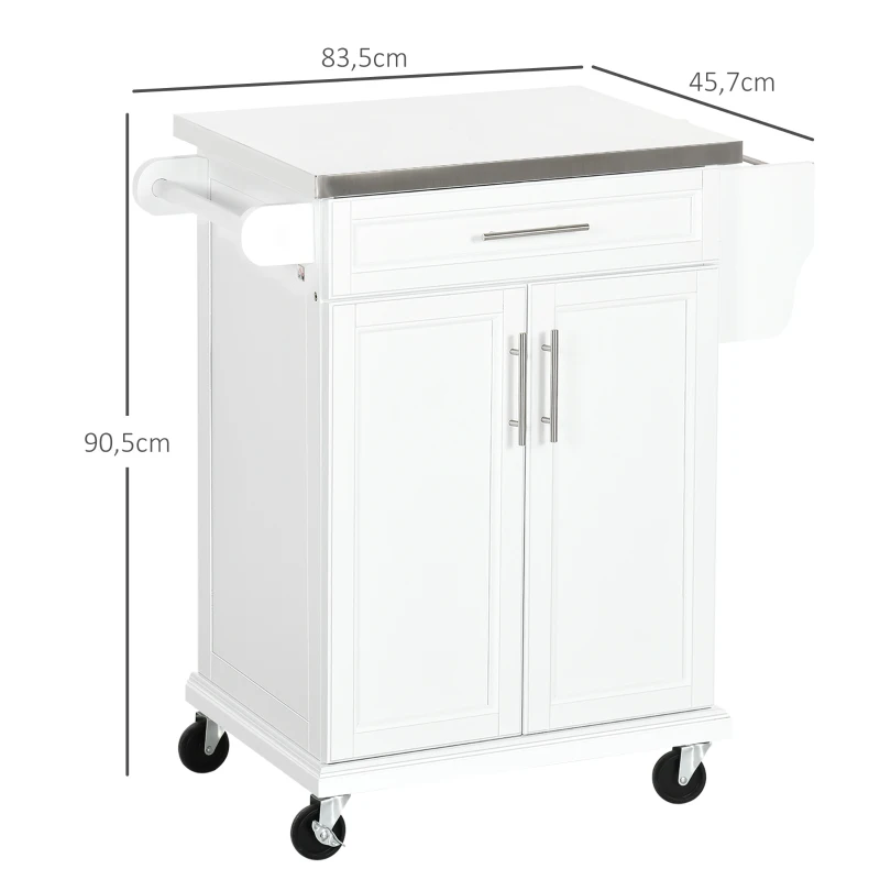 HOMCOM Küchenwagen Kücheninsel mit Edelstahlplatte, verstellbarem Regal, Schublade, Gewürzregal, weiß