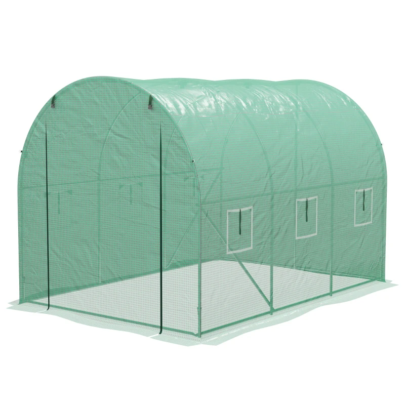 Outsunny Invernadero de Jardín Tunnel 6 m² con Sistema de Riego Integrado, 3x2 m 6 Ventanas Puerta Enrollable Verde