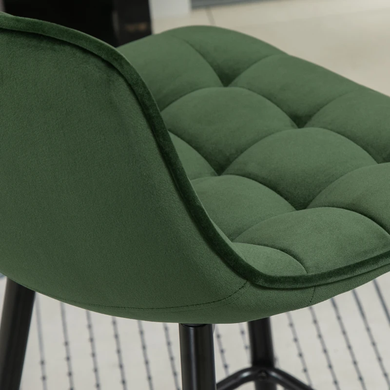HOMCOM Set 2 Sgabelli da Bar con Schienale e Poggiapiedi Stile Nordico in Metallo e Velluto, Verde, 45x47x84cm