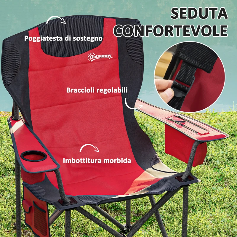 Outsunny Set 2 Sedie da Campeggio Pieghevoli con Borsa Frigo, Portabicchieri e 2 Tasche, 94x62x100 cm, Rosso
