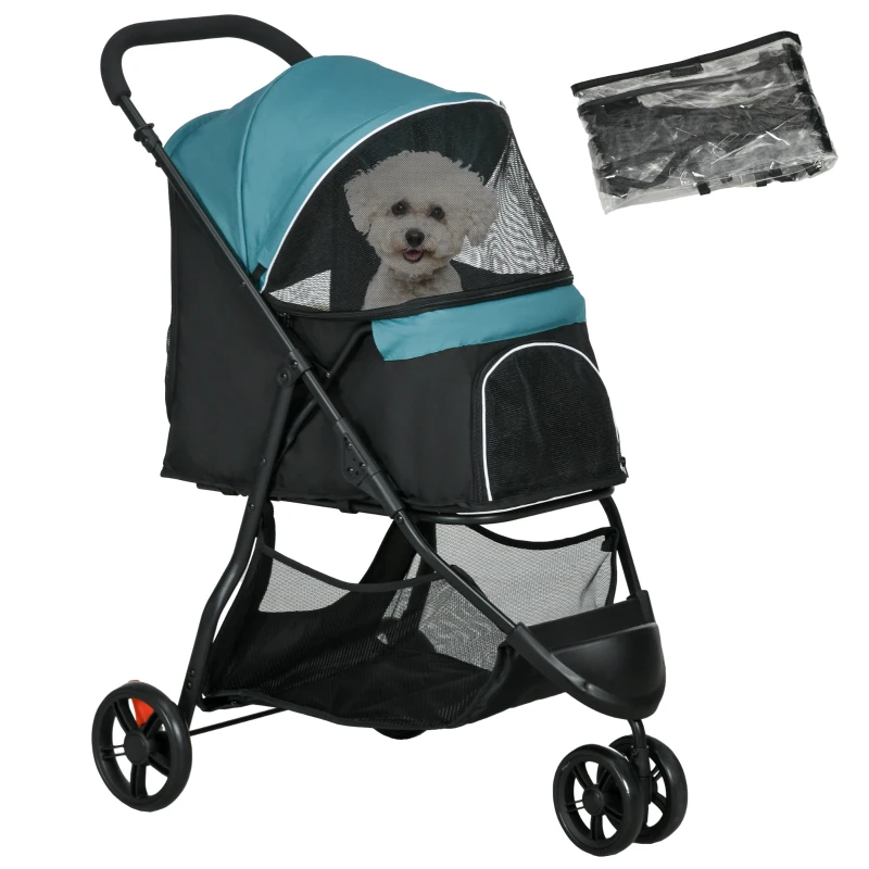 PawHut Haustierbuggy Hundebuggy, pliable, avec housse de pluie, 2 porte-gobelets, Bleu + Noir