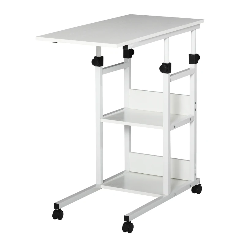 HOMCOM Tavolino da Salotto con Ruote, Regolabile in Altezza, Compatto, con 2 Ripiani, Struttura in Metallo, 80x40x72-82 cm, Bianco