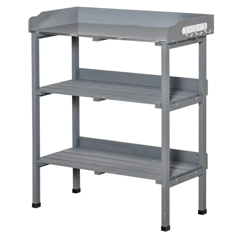 Outsunny Table de Plantation Table de Jardinage Table de Fleurs avec Plateau Métallique en Bois de Jardin Gris 76 x 37 x 89 cm