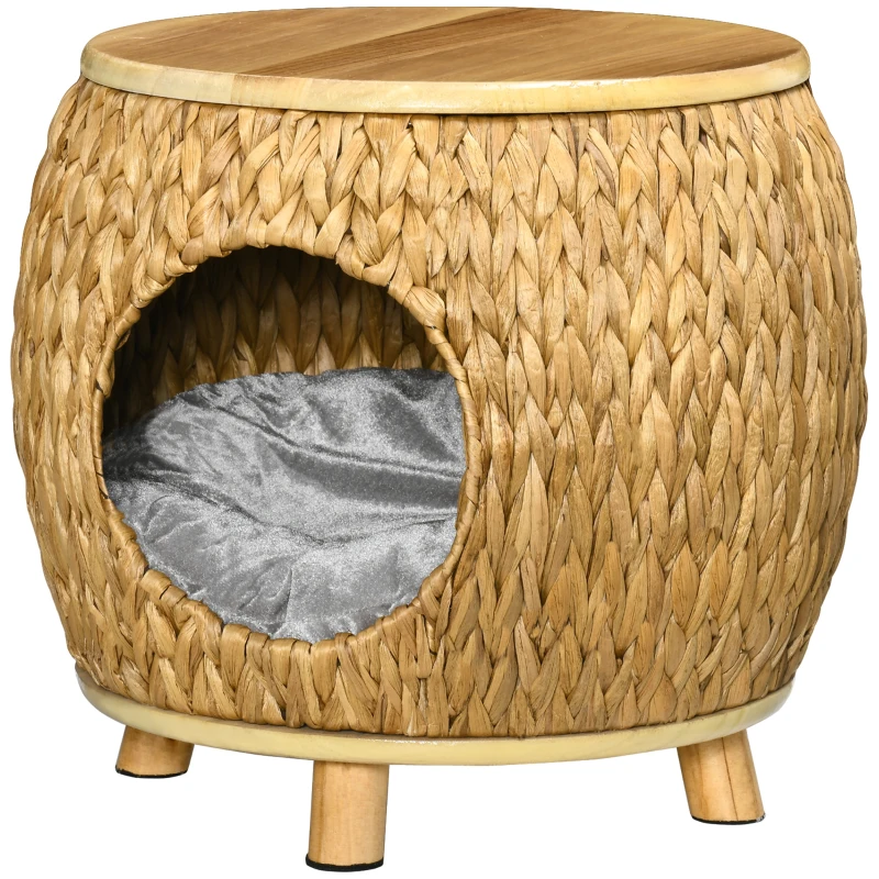 Pawhut Grotta per Gatti in Erba d'Acqua, Cuscino Lavabile, 44 cm x 43 cm x 42 cm, Marrone chiaro+Legno naturale+Grigio