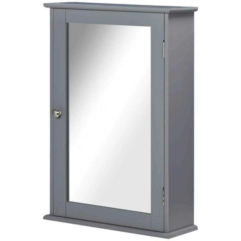 kleankin Armadio murale per il bagno con specchio, armadietto da toilette, con 1 porta e 2 ripiani, Vetro e Legno, grigio