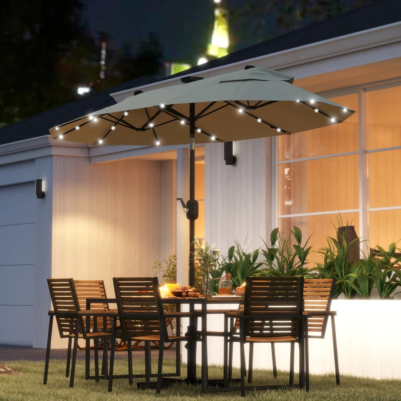 Outsunny Parasol double avec LED et Base en Croix, en Polyester et Acier, 295x150x219 cm, Blanc Crème